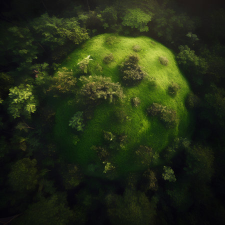 Green planet in the middle of the forest. 3d render.の素材