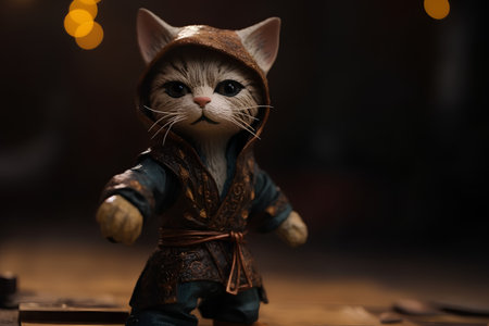 Cute cat figurine in a hat on a dark background.の素材