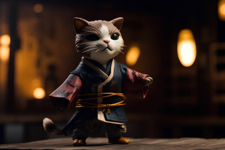 Japanese kimono and cat on the background of the night cityの素材