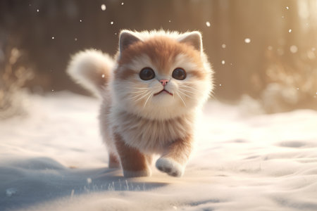 Cute fluffy siberian kitten on the snow in winter forestの素材
