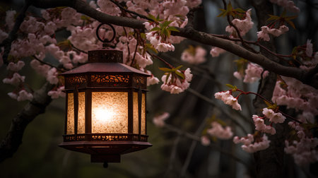 Beautiful vintage lantern with blooming sakura tree branches at night. Selective focus.の素材