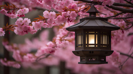 Vintage lantern with blooming sakura tree in the background.の素材