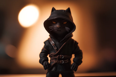 Creepy black cat in a leather jacket and hat. Halloween concept.の素材