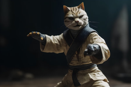Kung fu master with a cat on the background of the castleの素材