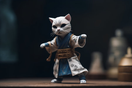 Kung fu master with a white cat on the background of chess piecesの素材