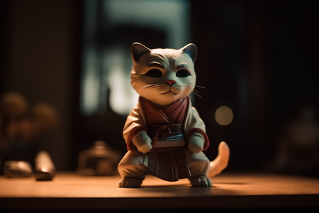 Cat figurine on a wooden table in front of a window.の素材