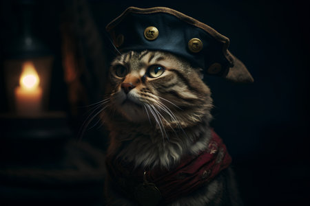 Funny cat in pirate costume and hat on a dark background.の素材