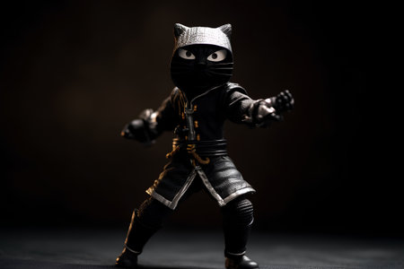 Lego Star Wars minifigure dressed as a ninja or cosplayer. Studio shot on dark background.の素材
