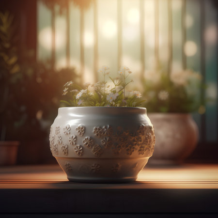 Flowers in ceramic pot on wooden table in front of window.の素材