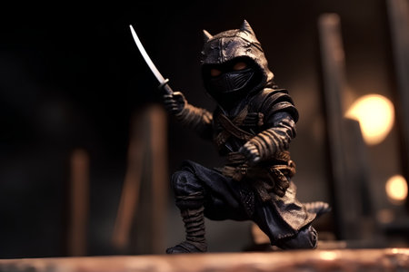 Warrior with sword and armor on dark background. Selective focusの素材