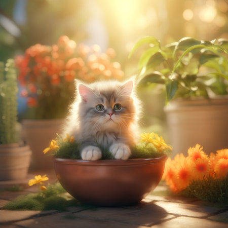 Cute little kitten sitting in a clay bowl with flowers in the gardenの素材