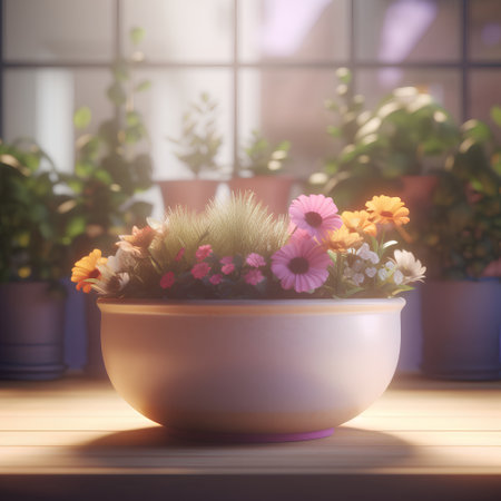 Flowers in a pot on the table in the morning light.の素材