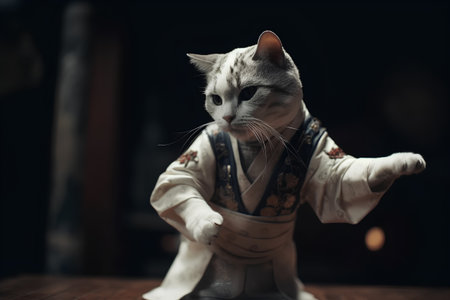 Cute cat dressed up as japanese doll in dark roomの素材