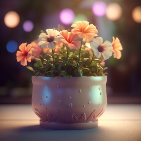 Flowers in a pot on the background of the night city.の素材