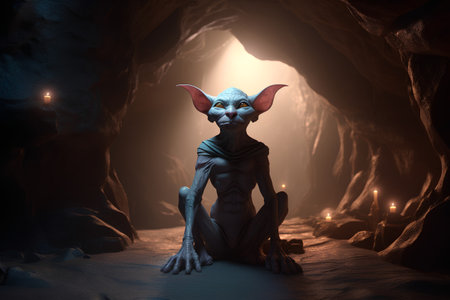 3D rendering of a female alien sitting in a cave with lightsの素材