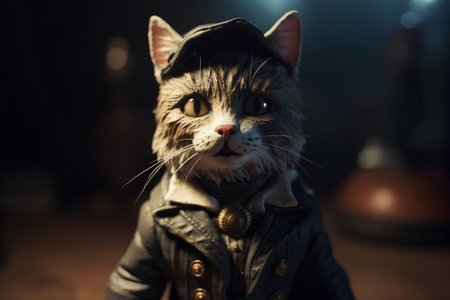 Cute tabby cat in a leather jacket and a hat.の素材