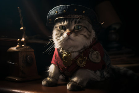 Portrait of a beautiful cat in a pirate costume on a dark background.の素材