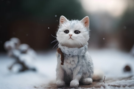 Cute cat in the snow. Christmas and New Year concept.の素材