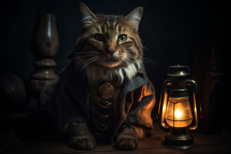 Cute tabby cat in a medieval costume with a lantern.の素材