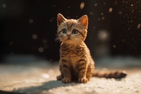 Cute little bengal kitten sitting on snow and looking at cameraの素材