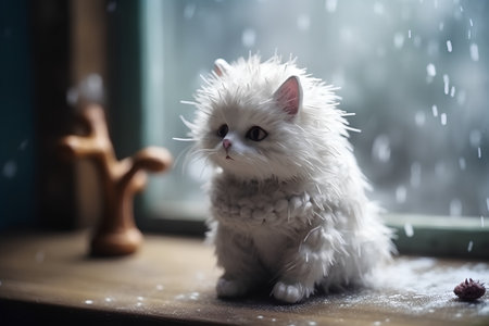 Cute fluffy cat sitting on the windowsill in the rain.の素材