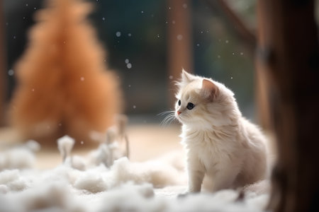 Cute little kitten playing in the snow. Shallow depth of fieldの素材