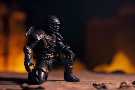 Medieval knight standing in front of the fire. Selective focus.の素材