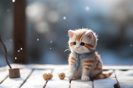 Cute little kitten sitting on a wooden bench in the snow.の素材