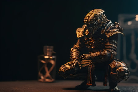 Warrior with a bottle of perfume on a dark background. Selective focus.の素材