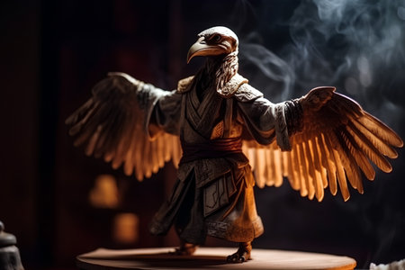 Wooden statue of an eagle in a dark room with smoke.の素材