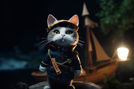 Cute cat dressed as a pirate with a ship in the backgroundの素材