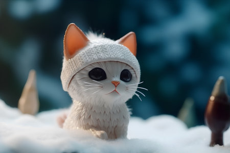 Cute cat in the snow with christmas tree in the backgroundの素材