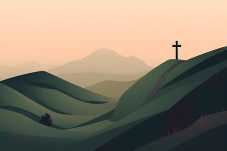 Vector illustration of a mountain landscape with a cross on the hillsideの素材