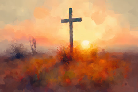Cross in the meadow at sunset. Easter background. Vector illustration.の素材