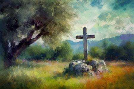 Cross in the meadow with olive tree in background, digital paintingの素材