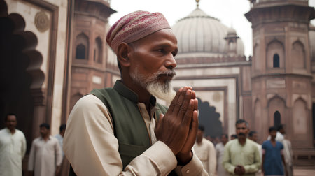Indian man prays in front of the Jama Masjid in Delhi, Indiaの素材
