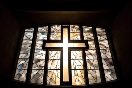 The window of the church with a cross in the form of a glassの素材