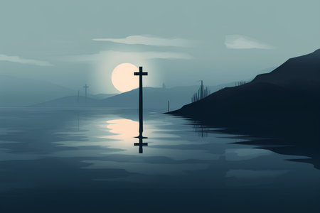 Cross on the lake at night. Vector illustration. Landscape.の素材