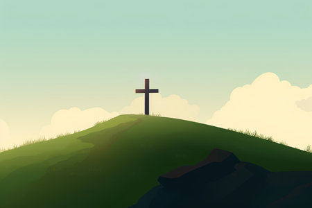 Cross on the hill with green grass and sky background. Vector illustration.の素材