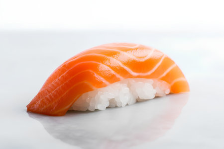 Salmon nigiri sushi on a white background. Close up.の素材