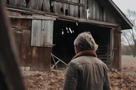 back view of young man looking away while standing in front of barnの素材