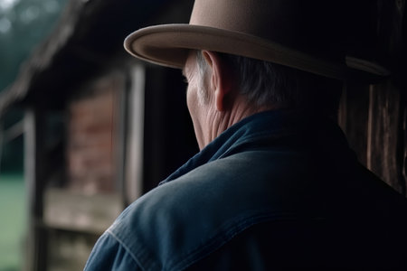 Old man in hat and jacket looking at an old farmhouse.の素材
