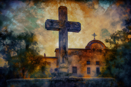 Cross on cemetery with old church in background. Grunge effect.の素材