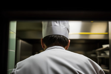 Chef standing in the kitchen of the restaurant, back view.の素材