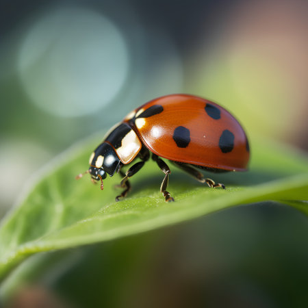 ladybug on green leaf in nature. macro close-upの素材