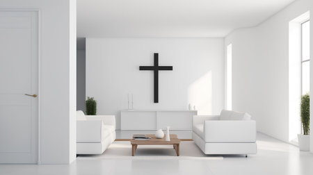 Interior of modern living room with white walls, tiled floor, white sofa and wooden coffee table. 3d renderingの素材