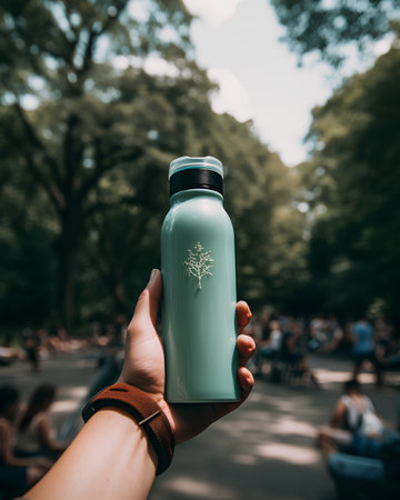 A female hand holds a green bottle of water in the park.の素材