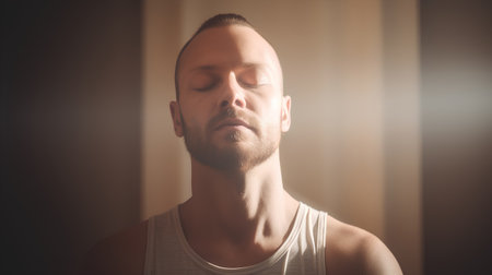 Portrait of a handsome young man with closed eyes in the roomの素材