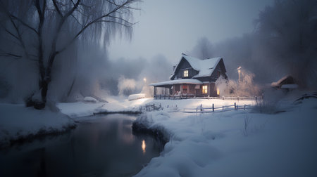 Beautiful winter landscape with a wooden house in the middle of the riverの素材