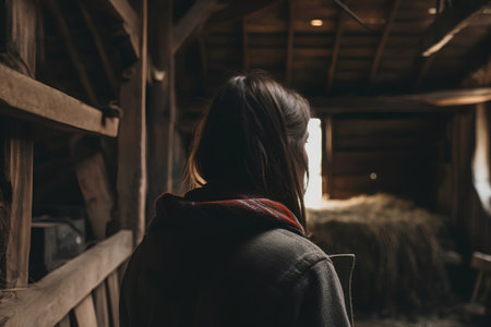 Rear view of a young woman standing in a barn and looking awayの素材